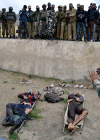 Bodies of two militants killed at Khrew in Pulwama on Sunday. Another pic on page 6. —Excelsior/Amin War