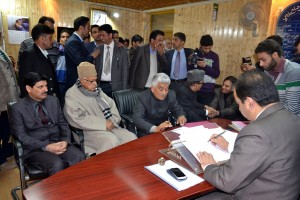 NC candidate Sharief-ud-Din Shariq filing his nomination papers for Baramulla seat on Wednesday.