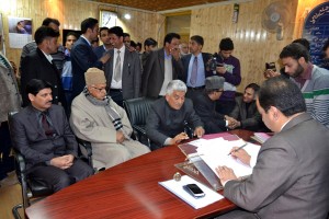 NC candidate Sharief-ud-Din Shariq filing his nomination papers for Baramulla seat on Wednesday.