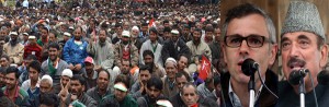 Chief Minister Omar Abdullah with Union Health Minister Ghulam Nabi Azad addressing a rally in South Kashmir’s Anantnag district on Monday. -Excelsior/Sajad Dar