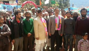 Minister of State for Home Sajjad Ahmed Kichloo alongwith his supporters during road-show at Kishtwar on Monday.