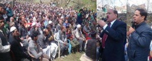 Abdul Gani Vakil and Vikar Rasool Wani addressing a public meeting at Banihal on Monday.
