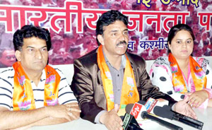 BJP candidate for Anantnag Parliamentary constituency, Mushtaq Ahmed Malik, along with other party leaders addressing a press conference at Jammu.