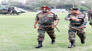 Army chief Gen Bikram Singh with GOC 26 Div Maj Gen Dushyant Singh in Jammu on Saturday.