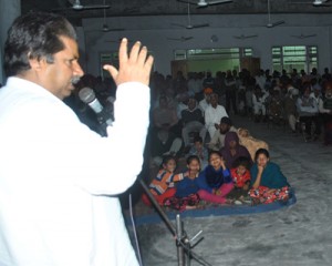 Minister for Housing, Raman Bhalla addressing public rally in Nagrota on Thursday.