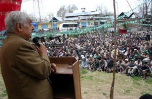 PDP leader Mufti Mohammad Sayeed addressing a public meeting on Tuesday.