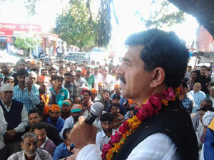 Jugal Kishore Sharma addressing an election rally at Akhnoor on Tuesday.