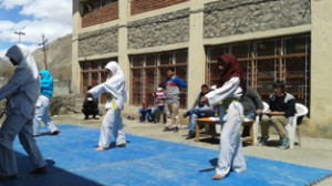 Taekwondo players in action during a Belt Grading Test in Kargil.