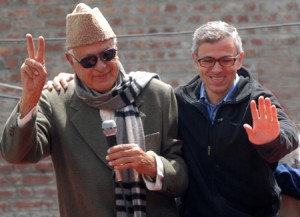 Farooq and Omar Abdullah at a roadshow in Ganderbal on Wednesday. 