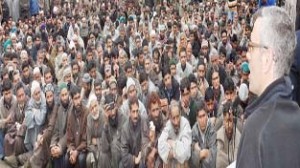 Chief Minister Omar Abdullah addressing National Conference workers at Tral in Pulwama district on Friday. -Excelsior/Younis Khaliq