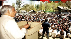 PDP patron, Mufti Mohd Sayeed addressing a public rally in Kupwara on Monday.