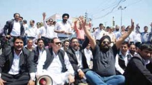 Lawyers holding protest demonstration at Janipur on Saturday.