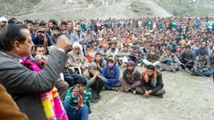 Dr Jitendra Singh addressing a public rally at Gandoh on Wednesday. —Excelsior/Tilak Raj