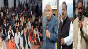 Provincial President NC Devender Singh Rana, Minister for Planning Ajay Sadhotra and  MLC Khalid Najeeb Suharwardhy addressing public meeting at Doda on Sunday.