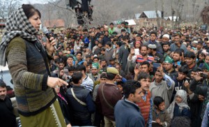 PDP president Mehbooba Mufti addressing  party workers during an election campaign rally at Noorabad on Tuesday. -Excelsior/ Sajad Dar