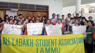 Ladakhi students protesting for release of their scholarship on Tuesday.
