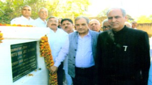 Choudhary Chotu Ram and others laying foundation stone of ‘Sir Chotu Ram Jat Bhawan’ at Thandi Khui on Monday.
