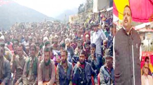 Provincial President NC Devender Singh Rana addressing an election meeting in Doda on Saturday.