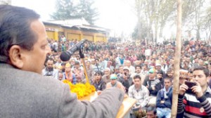 Dr Jitendra Singh addressing a public gathering at Kishtwar on Saturday.