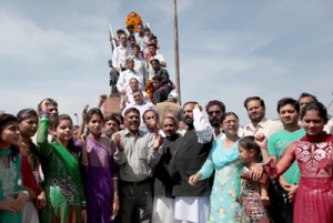 Enthusiastic people raising slogans in praise of Dr B R Ambedkar after garlanding his statue at Jammu on Monday.       —Excelsior/Rakesh