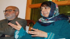 People’s Democratic Party president Mehbooba Mufti addressing a press conference at her residence in Srinagar on Friday. -Excelsior/Amin War