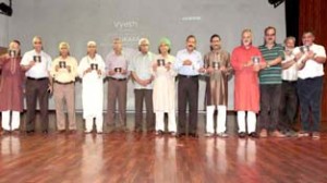 Dignitaries releasing a CD on Amarnath Vaishnavi at Police Auditorium, Jammu on Saturday. -Excelsior/ Rakesh