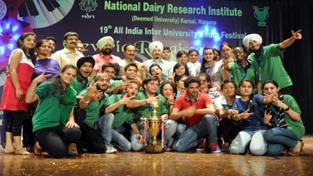Students of SKUAST Jammu posing for a photograph after winning runners-up trophy in All India Inter-University Youth Festival.