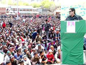 Ghulam Raza addressing an election rally at Kargil on Sunday.