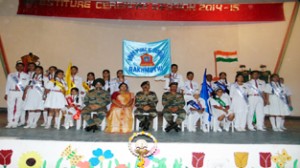 Chairman APS Rakhmuthi- Brig Harish Kukeja, Principal Shaswati Ghosh and students during Investiture ceremony on Tuesday.