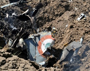 The debris of MiG-21 fighter aircraft of the Indian Air Force that crashed in Awantipora. -Excelsior/Amin War