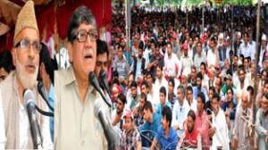 Minister for Panchayats, Ali Mohd Sagar and Minister for Higher Education, Mohd Akbar Lone addressing public gathering at Sumbal on Saturday.