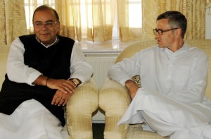 Defence Minister Arun Jaitley discussing security scenario with Chief Minister Omar Abdullah in Srinagar on Saturday.