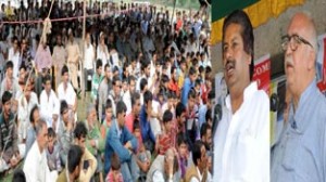 Minister for Sports, Raman Bhalla and Minister for R&B Abdul Majid Wani  addressing youth at Hathlangoo Sopore after laying foundation stone of stadium.