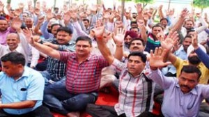 Forest officers protesting at Dogra Hall on Tuesday. -Excelsior/Rakesh