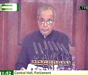President Pranab Mukherjee addressing the joint session of Parliament at the Central Hall of Parliament House in New Delhi on Monday. (UNI)