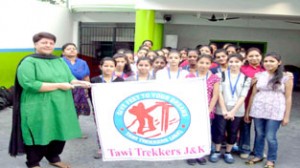 Principal of Shangrilla Public School, Surestha Khajuria flagging off the second batch of the School for J&K Himalayan Trekking Programme.