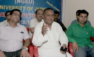 Members of Non-Gazetted Employees Union of Jammu University addressing a press conference on Friday.