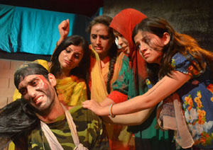 A scene from Hindi play ‘Samman Ke Liye’ staged by Natrang at Jammu on Sunday.