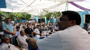 BSP national general secretary, Narender Kashyap addressing party workers during a function at Satwari on Sunday.