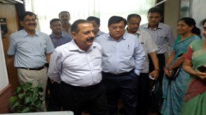 Dr Jitendra Singh going around the office complex of Department of Administrative Reforms at Sardar Patel Bhavan, New Delhi on Friday.