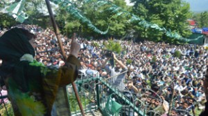 PDP president and Member Parliament Mehbooba Mufti addressing a public rally in Kulgam district on Monday. —Excelsior/Sajad Dar