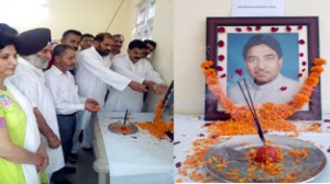 NPP members paying tributes to Karan Dev Singh on his death anniversary at Jammu on Wednesday. 