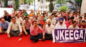 Electrical engineers protesting at Gladni on Thursday. -Excelsior/ Rakesh