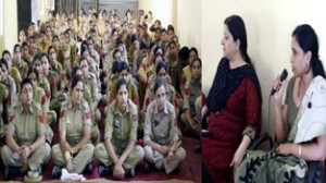 Representative of Himalaya Drug Company and Commandant Anita Sharma during health awareness programme at Jammu on Saturday.