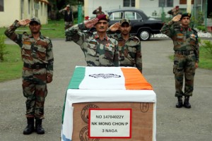 Army officers paying tributes to martyr soldier in Akhnoor on Wednesday.