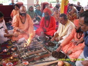 Mahant Deependra Giri performing 'Bhoomi Pujan' at Pahalgam on Saturday.