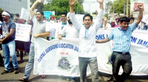 Dental surgeons raising slogans during protest rally at Jammu on Monday.