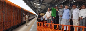 Prime Minister Narendra Modi flags off train from Katra railway station on Friday. .—Excelsior/Rakesh