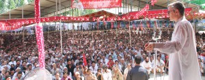 Chief Minister Omar Abdullah addressing NC workers’ convention at Sumbal on Tuesday.