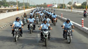 The Air Force Station Jammu personnel participating in the motor cycle rally as a part of Road Safety Week celebrations.